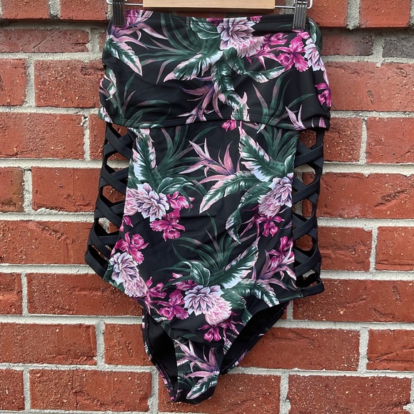 Bebe Swimsuit Bandeau One Piece Floral Nylon Spandex Black MultiColor Women L - Picture 1 of 8